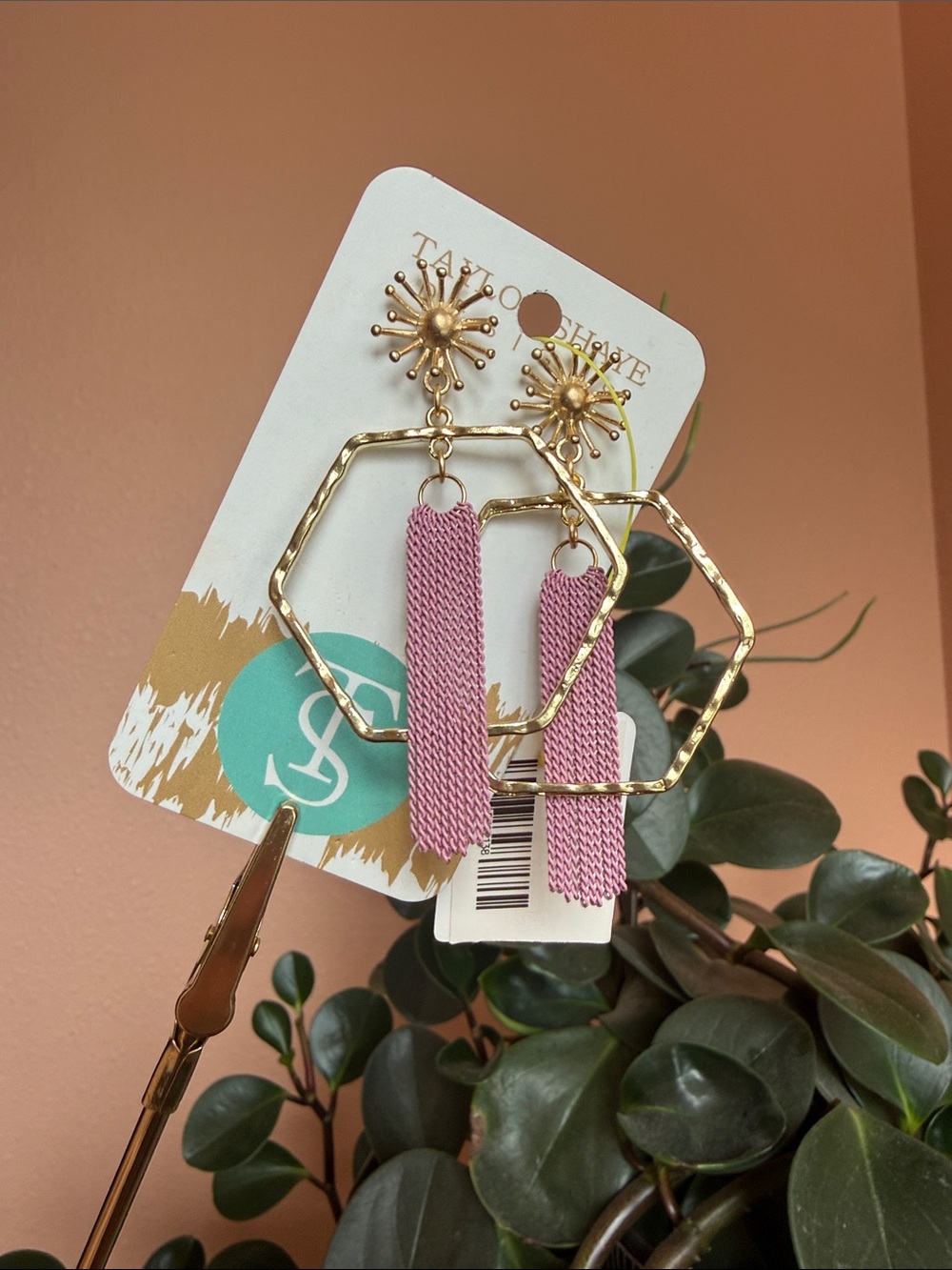 Taylor Shaye Pink Tassel Hexagon Drop Earrings -Stunning!